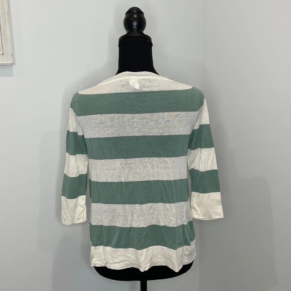 J.Crew Green Beige Stripe 3/4 Sleeve Top